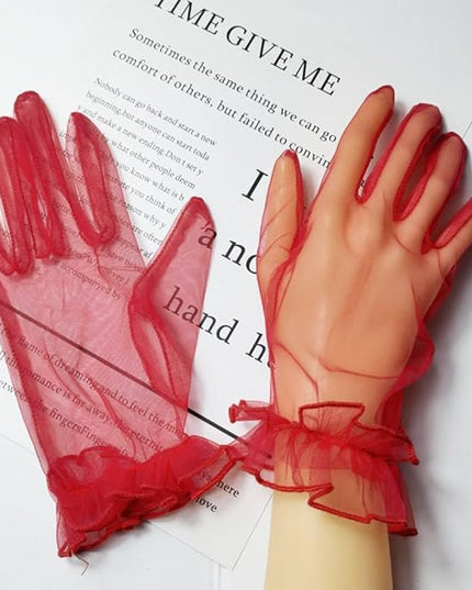 Women's Summer Tulle Gloves Pleated Ruffle Full Finger Wrist Length Opera Party Gloves