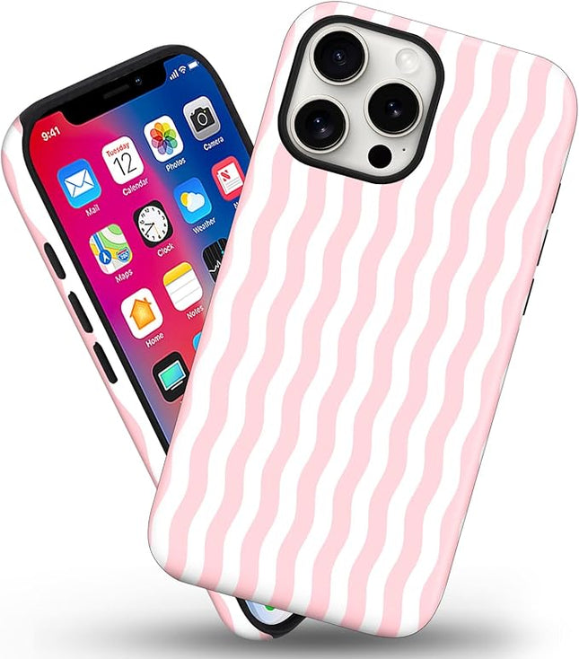 Magnetic for iPhone 15 Case Cute Wavy Stripes Phone Case, Shockproof Slim TPU and Hard PC Protective Phone Cover Compatible with MagSafe Designed for Women Girls, Pink