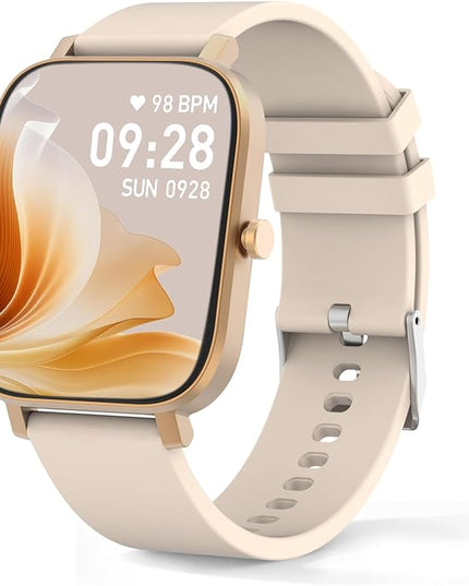 Smart Watch for Men Women Compatible with iPhone Samsung Android Phone 1.69 inch Full Touch Screen IP68 Waterproof Bluetooh Fitness Tracker Heart Rate/Sleep Monitor (Gold)