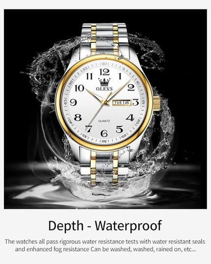 OLEVS Watches for Men Brown Leather Gold Case Analog Quartz Fashion Business Dress Watch Day Date Luminous Waterproof Casual Male Wrist Watches