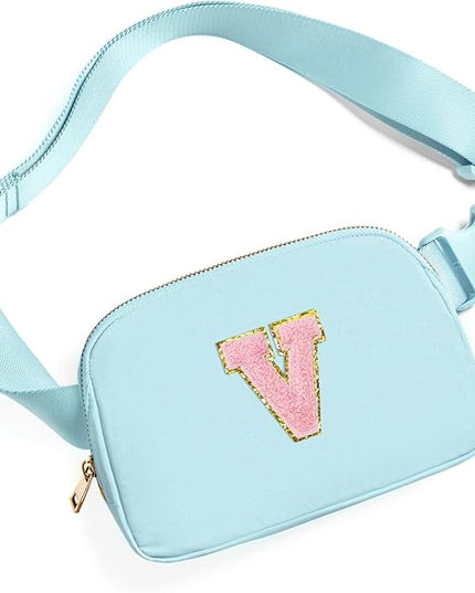 Gitus Gifts for 7 8 9 10 11 Year Old Girls Belt Bag Fanny Pack Crossbody Bags with Initial Letter Patch Birthday Gifts for Daughter Sister Friends Teen girls (Icing Blue-V)