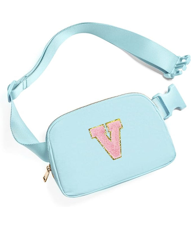 Gitus Gifts for 7 8 9 10 11 Year Old Girls Belt Bag Fanny Pack Crossbody Bags with Initial Letter Patch Birthday Gifts for Daughter Sister Friends Teen girls (Icing Blue-V)
