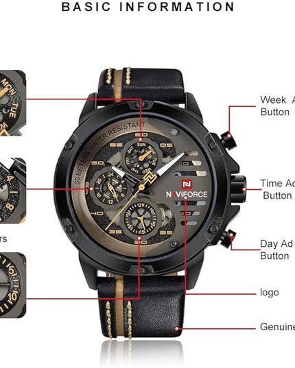 NAVIFORCE Sport Military Watches for Men Waterproof Watch Analog Quartz Leather Band Date Calendar Clock Wristwatch