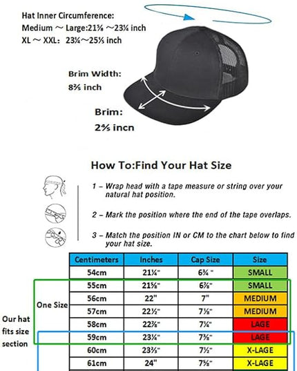 Flat Bill Snapback Mesh Hats | Fits OSFM & XXL Big Head | Blank Solid Color Adjustable Trucker Hat for Men