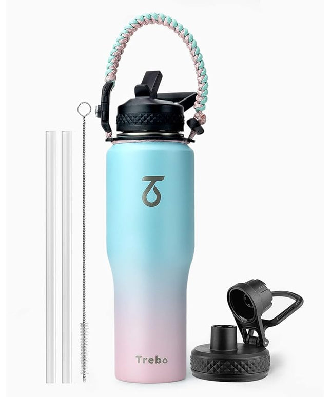 Trebo 32oz Insulated Water Bottle that Fits in Cup Holder, Stainless Steel Triple Wall Tumbler Flask Bottles with Paracord Handle, with Straw Spout Lids, Keep Cold for 48 Hrs/Hot 24 Hrs,Bubble Gum