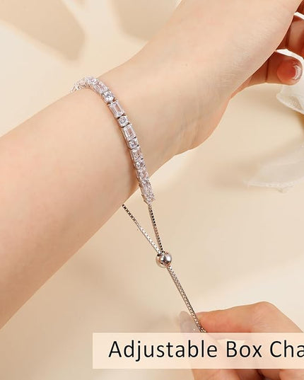 Birthstone Tennis Bracelets for Women White Gold Sterling Silver Gemstone Bracelets Adjustable Chain 6-9 Inchs Jewelry Anniversary Birthday Gifts for Women Mom Wife Her