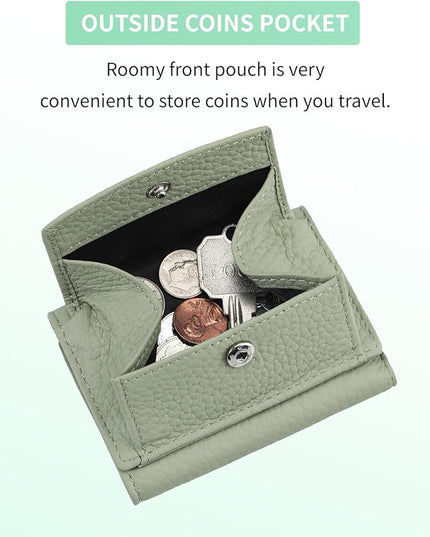 Unisex RFID Genuine Leather Wallet Compact Trifold with Coin Pouch & Card Slots Black (Creamy Mint)