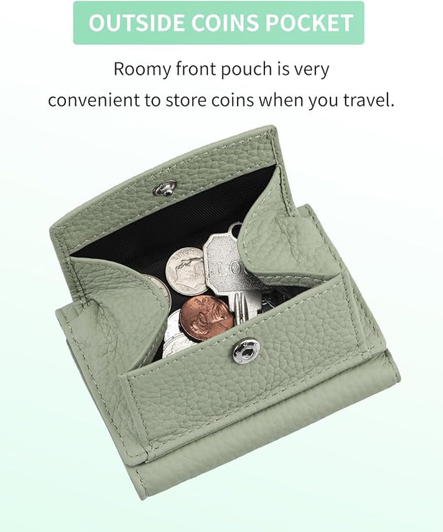 Unisex RFID Genuine Leather Wallet Compact Trifold with Coin Pouch & Card Slots Black (Creamy Mint)