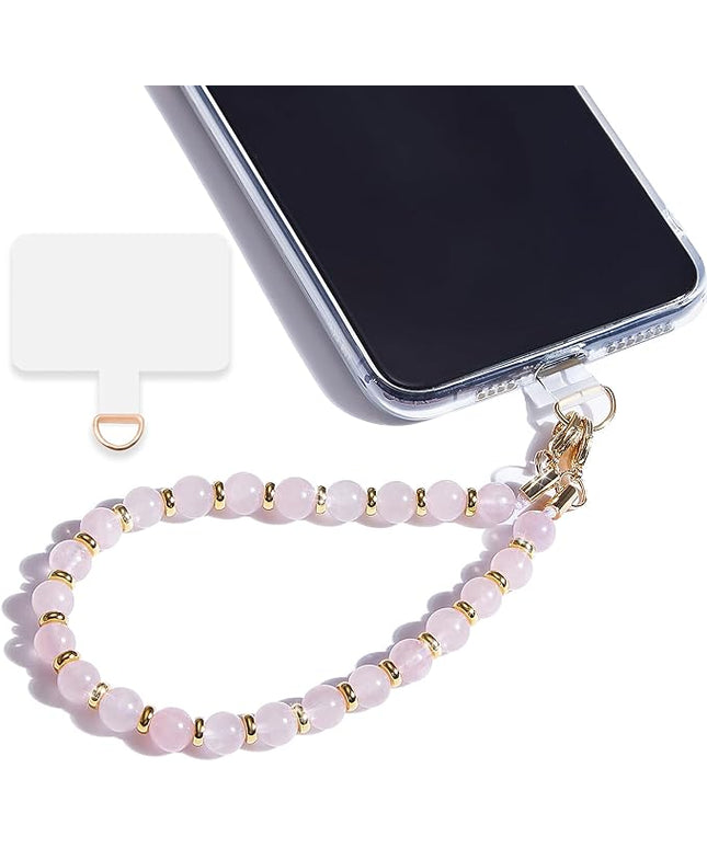 Marble Beaded Phone Wrist Strap,Detachable Phone Bracelet Strap with Tether Tab,Hands-Free Wristlet Strap (Rose Quartz)
