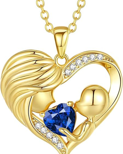 FANCIME Mom Birthstone Necklace Mother and Child Love Heart Necklace I Love You Mom Gifts Mothers Day Birthstone Jewelry Gifts for Grandmother Women Wife, 16"+2" Inches
