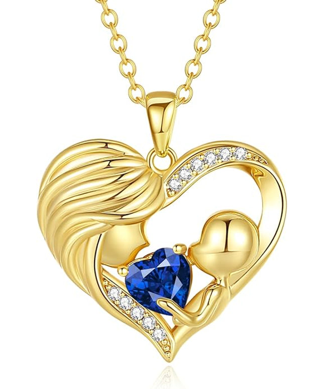 FANCIME Mom Birthstone Necklace Mother and Child Love Heart Necklace I Love You Mom Gifts Mothers Day Birthstone Jewelry Gifts for Grandmother Women Wife, 16"+2" Inches