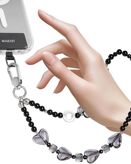 MAGEASY Beaded Phone Charm for Women - Cell Phone Wrist Strap with Teather Tab, Designed for iPhone & Android Phones, Keychain, Camera - Midnight Heart