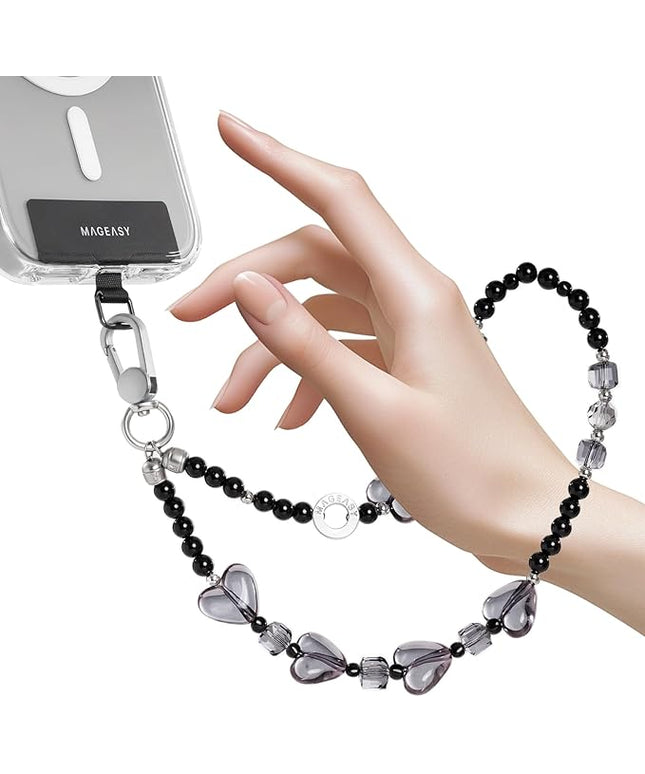 MAGEASY Beaded Phone Charm for Women - Cell Phone Wrist Strap with Teather Tab, Designed for iPhone & Android Phones, Keychain, Camera - Midnight Heart