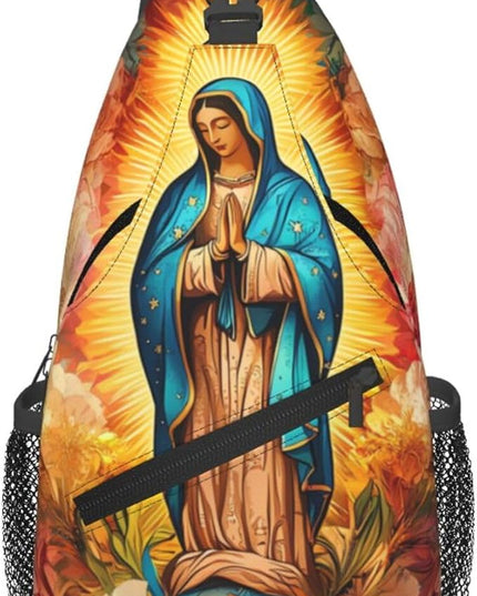 Our Lady of Guadalupe Sling Bag Crossbody Bags Clovers Chest Bag for Travel Hiking for Men Women Flower Mary 12