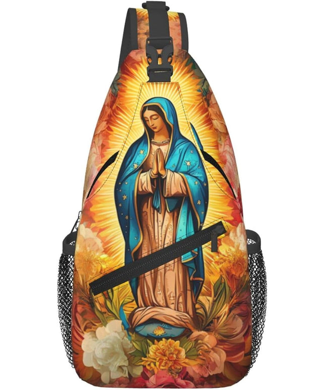 Our Lady of Guadalupe Sling Bag Crossbody Bags Clovers Chest Bag for Travel Hiking for Men Women Flower Mary 12