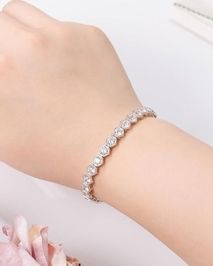 Birthstone Tennis Bracelets for Women Birthday Gifts 925 Sterling Silver Hexagon White Gold Bracelets Round Cut 5A Cubic Zirconia Prong Setting 7 Inch Anniversary Jewelry Gift