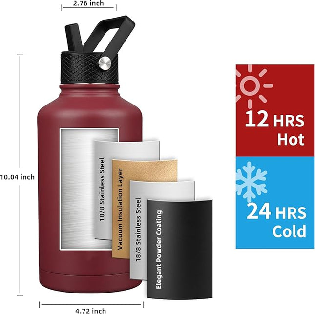 Insulated Water Bottle 64oz,Triple Wall Vacuum Stainless Steel(Dishwasher Safe),Leak Proof & Non-BPA,Flask Jug with Paracord Handle & Straw Spout Lids Sports Red