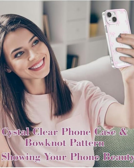 Designed for iPhone Case,Clear Cute Ribbon Bowknot Pattern Aesthetic Transparent Phone Case Raised Camera Protection Stylish Slim Soft Phone Case (Pink,iPhone 13 Pro Max)