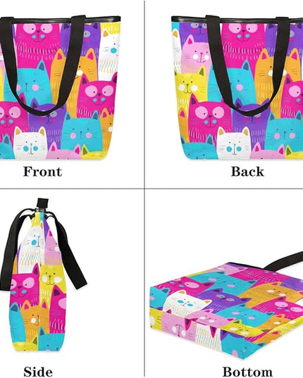 Pardick Cute Cats Colorful Seamless Canvas Tote Bag, Eco Friendly Reusable Grocery Shopping Bags Beach Bag Book Tote Handbags Washable Shoulder Bag With Zipper Inner Pocket for Women Girls