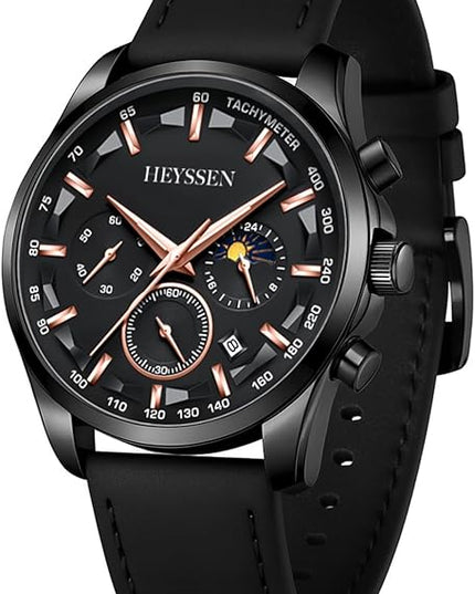 Watches for Men Chronograph Analog Luminous Quartz Watch Blue Black Luxury Genuine Leather Mens Watches Business Sports Waterproof Wristwatch Elegant Gift for Him