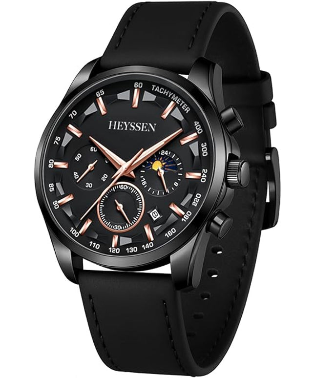 Watches for Men Chronograph Analog Luminous Quartz Watch Blue Black Luxury Genuine Leather Mens Watches Business Sports Waterproof Wristwatch Elegant Gift for Him