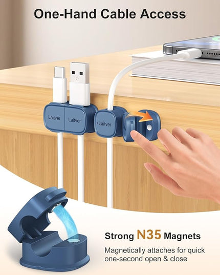 6 Pack Magnetic Cable Clips [1s Open/Lock], Laitver Cord Organizer Holder Strong Adhesive Desk Cable Management- Organize Charging Cords Neatly for Home, Office, Car,Desk, Nightstand-Porcelain Blue