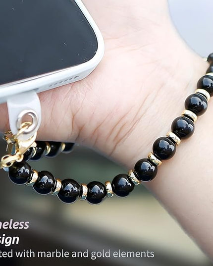 Marble Beaded Phone Wrist Strap,Detachable Phone Bracelet Strap with Tether Tab,Hands-Free Wristlet Strap (Obsidian-Black)