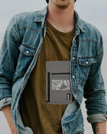 Travel Neck Wallet with RFID Blocking – Passport Holder Organizer Neck Pouch – Portable Easy to Conceal Travel Pouch (PVC Gray)