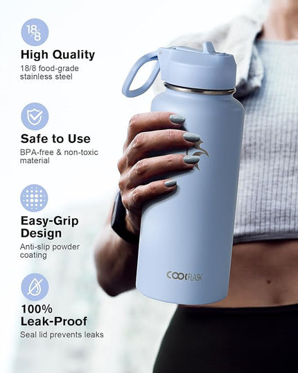 Water Bottle 32 oz Insulated with Straw, Coolflask Stainless Steel Metal 3 Lids Water Flask Wide Mouth for Sports or Office, Non-BPA Keep Cold Up to 48 Hrs or Hot Up to 24 Hrs, Light Blue