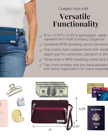 Baggallini Anti-theft RFID Currency Organizer 8"x4.25" Travel Accessory Passport Holder Money Belt Wallet w/Card Slots