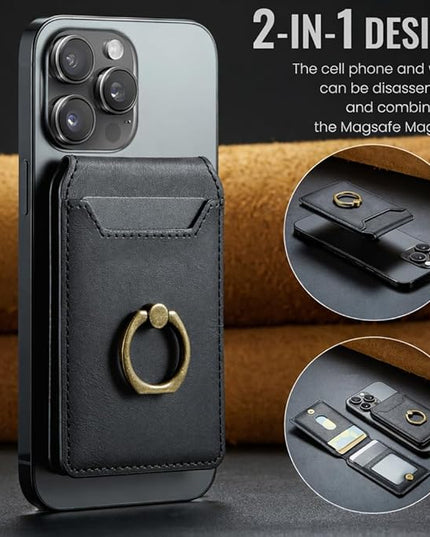 Mizi 3-in-1 Mag Safe Wallet with Stand & Ring Grip, Strong Magnetic Vegan Leather Card Holder, RFID Blocking, Holds 5 Cards, for iPhone 17/16/15/14/13/12 Series (Not for 13/12 Mini) - Black
