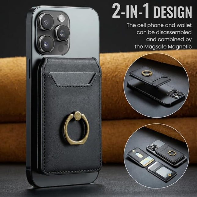 Mizi 3-in-1 Mag Safe Wallet with Stand & Ring Grip, Strong Magnetic Vegan Leather Card Holder, RFID Blocking, Holds 5 Cards, for iPhone 17/16/15/14/13/12 Series (Not for 13/12 Mini) - Black