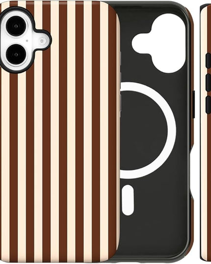 Magnetic for iPhone 16 Case Cute Stripes Phone Case, Shockproof Slim TPU and Hard PC Protective Phone Cover Compatible with MagSafe Designed for Women Girls, Brown
