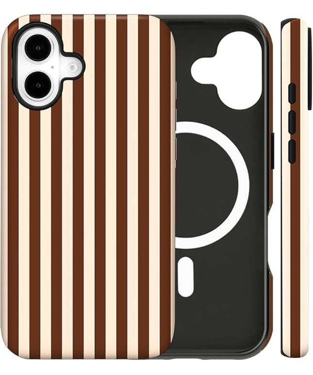 Magnetic for iPhone 17 Case Cute Stripes Phone Case, Shockproof Slim TPU and Hard PC Protective Phone Cover Compatible with MagSafe Designed for Women Girls, Brown