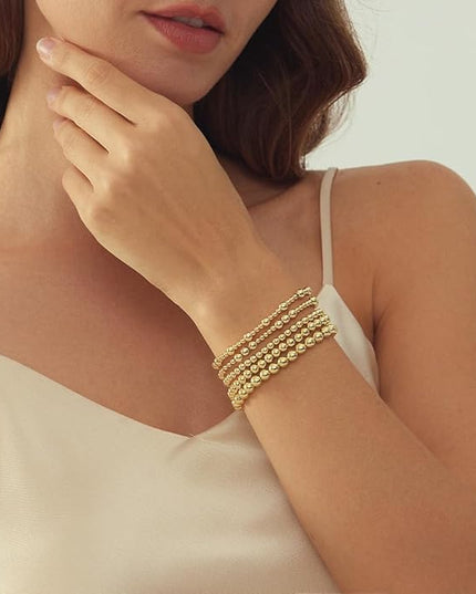 Gold Beaded Bracelets for Women, 14K Real Gold Plated Jewelry for Women Dainty Pearl Bead Bracelets Stack, Non Tarnish Trendy Stackable Ball Cross Stretch Bracelet Set Fashion Accessories Gifts