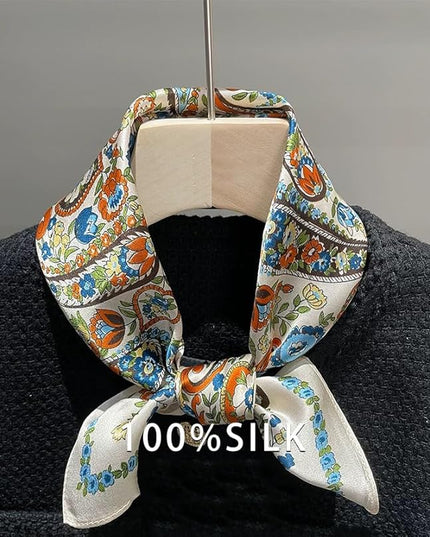 ANDANTINO 100% Pure Mulberry Silk Small Square Scarves -21'' x 21''- Digital Printed Neckerchief –Women Men Lightweight Scarf