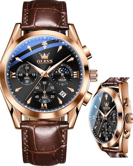 OLEVS Men's Watches Leather Strap Analog Quartz Watch, Fashion Big Dial Date Waterproof Watch, Dress Luxury Luminous Men Watches