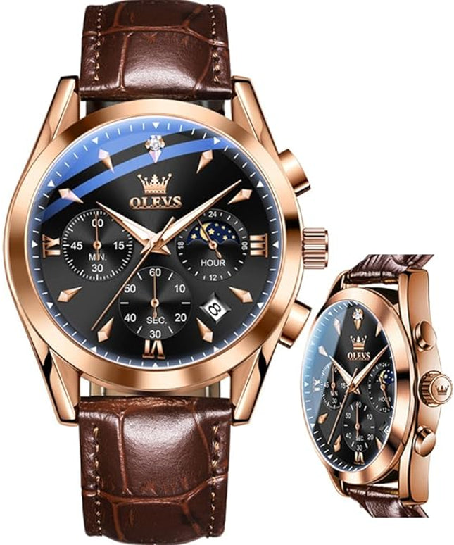 OLEVS Men's Watches Leather Strap Analog Quartz Watch, Fashion Big Dial Date Waterproof Watch, Dress Luxury Luminous Men Watches
