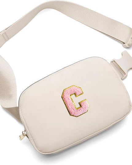 Gitus Belt Bag Fanny Pack Crossbody Bags with Initial Letter Patch Cute Stuff Birthday Gifts for Teenager Girls Trendy Preppy Stuff for Teen Girls(Beige-C)