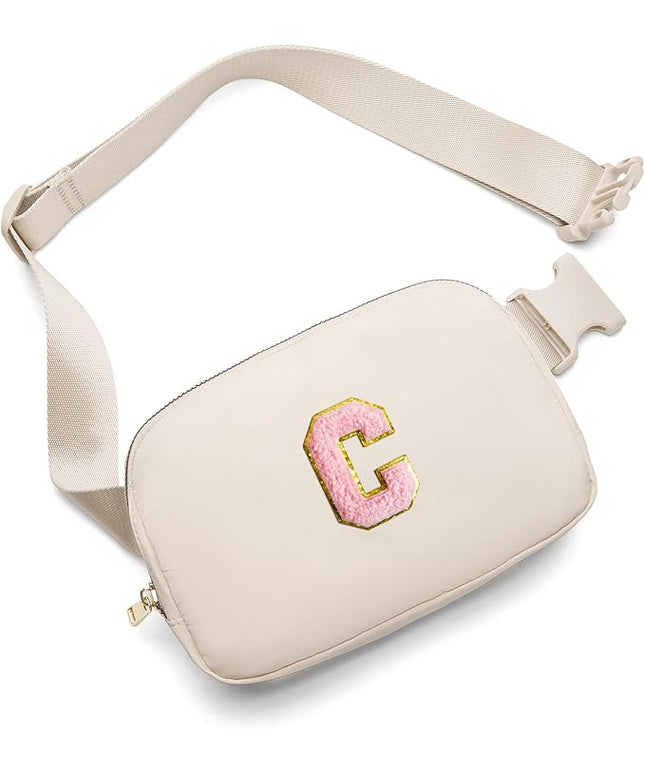 Gitus Belt Bag Fanny Pack Crossbody Bags with Initial Letter Patch Cute Stuff Birthday Gifts for Teenager Girls Trendy Preppy Stuff for Teen Girls(Beige-C)