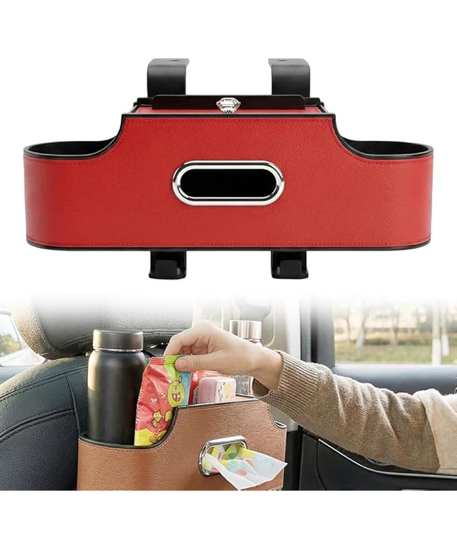 3-in-1 Back Seat Car Organizer, Car Seat Back Storage Box with Dual Cup Holders, Tissue Box, Trash Bin and Hooks, Multifunctional Back Seat Car Organizer for Travel and Daily Driving (Red)