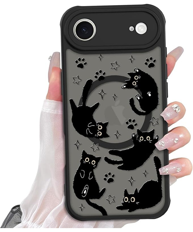 Cute Magnetic Case for iPhone Air Case [ Compatible with MagSafe ] with Black Cats Cat Pattern Design for Women Girls Boys, Soft Bumper Hard Back Kawaii Animal Protective Phone Cover