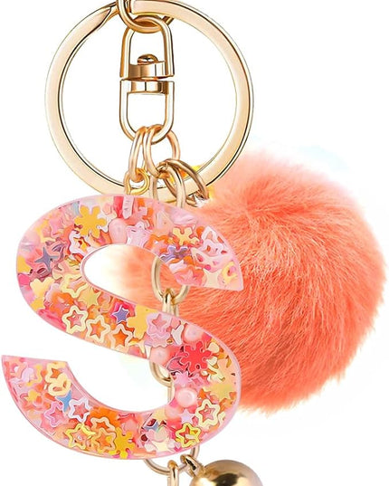 Resin Alphabet Initial Letter Keychain Keyring for Women Purse Handbags With Fur Ball Pom