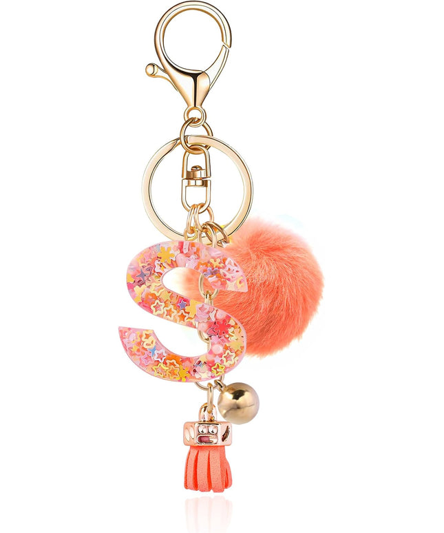 Resin Alphabet Initial Letter Keychain Keyring for Women Purse Handbags With Fur Ball Pom