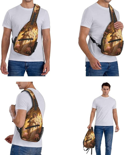 Our Lady of Guadalupe Sling Bag Crossbody Bags Clovers Chest Bag for Travel Hiking for Men Women Golden Mary 7
