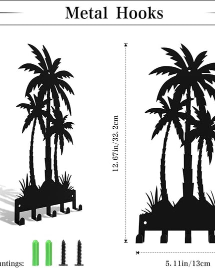 useNumber Black Metal Key Holder for Wall,Coconut Trees Key Hooks Wall Mount Whith 5 Hooks,Tropical Style Key Hanger Wall Decor for Front Door,Hallway,Entryway,Office