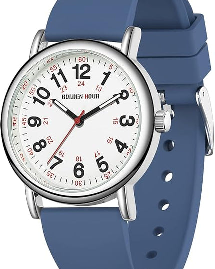 GOLDEN HOUR Waterproof Nurse Watch for Medical Professionals, Students Women Men - Military Time Luminouse Easy Read Dial, 24 Hour with Second Hand, Colorful Silicone Band