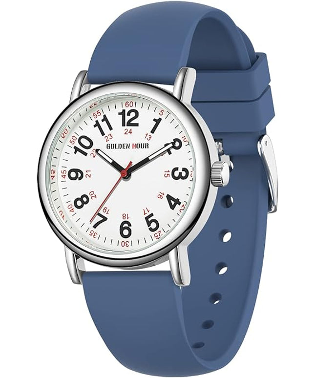 GOLDEN HOUR Waterproof Nurse Watch for Medical Professionals, Students Women Men - Military Time Luminouse Easy Read Dial, 24 Hour with Second Hand, Colorful Silicone Band