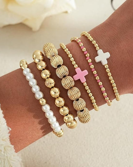 Gold Beaded Bracelets for Women, 14K Real Gold Plated Jewelry for Women Dainty Pearl Bead Bracelets Stack, Non Tarnish Trendy Stackable Ball Cross Stretch Bracelet Set Fashion Accessories Gifts
