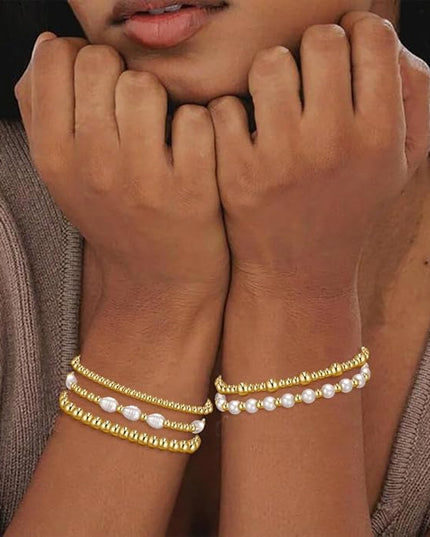 Gold Beaded Bracelets for Women, 14K Real Gold Plated Jewelry for Women Dainty Pearl Bead Bracelets Stack, Non Tarnish Trendy Stackable Ball Cross Stretch Bracelet Set Fashion Accessories Gifts